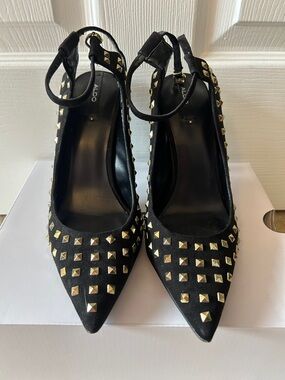 Aldo Black Pointed-Toe Ankle-Strap Heels with Gold Studs